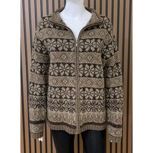 Deane & White Women's XL Lambswool Full Zip Cardigan Sweater Brown Fair Isle
